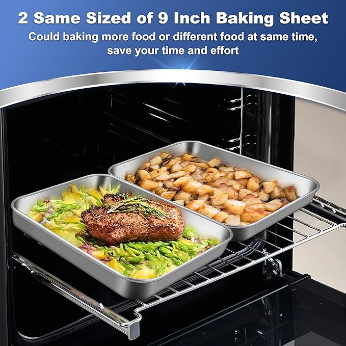 P&P CHEF 9 Inch Baking Cookie Sheet, Oven Pan Tray Stainless Steel Sheet Pan for Kitchen, Oven Bakeware for Multi Uses, Shiny Look & Dishwasher Safe, Healthy & Heavy Duty, 2Pcs