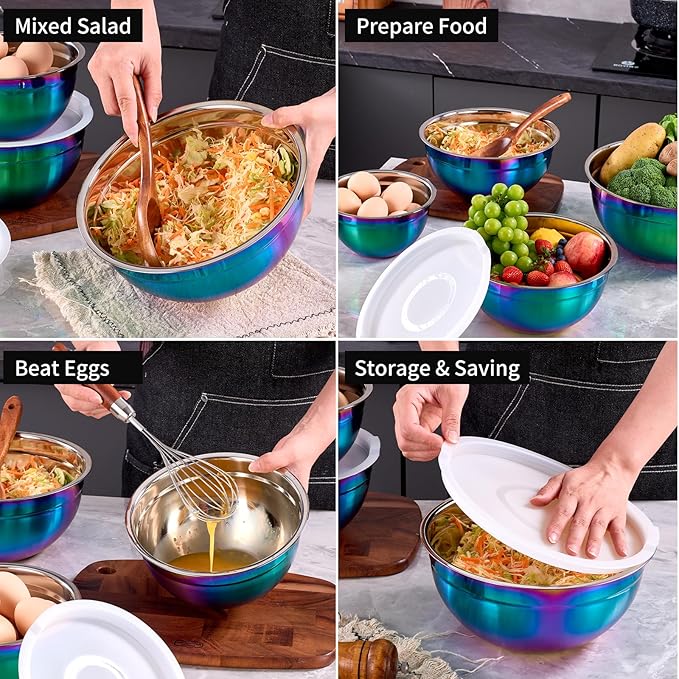 Rainbow Mixing Bowls with Lids Set of 5, Stainless Steel Nesting Bowl with Khaki Lid for Non-slip Mixing Prepping Storing Serving, 5 Sizes-5.5/3.6/2.7/2.1/1.5 QT