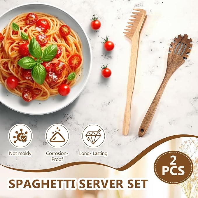 Baderke 2 Pcs Wooden Pasta Spoon with Teeth Large Spaghetti Spoon Utensil, 9.4'' Pasta Tong and 13'' Pasta Fork with Handle, Comfortable Grip Design Server Spoons for Kitchen Spaghetti Noodle