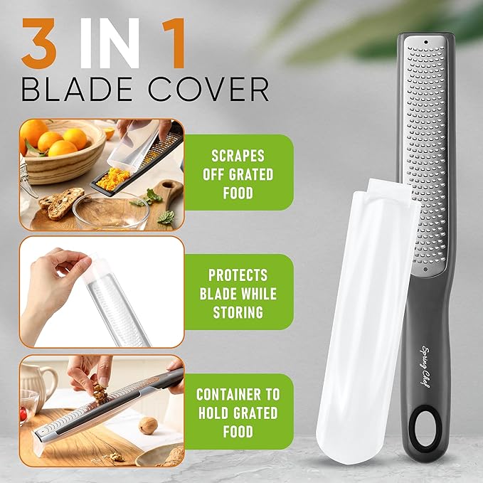 Spring Chef Premium Gray Lemon Zester Grater with Handle - Lime, Garlic, Ginger, Orange, Nutmeg, Fruit Grater - Heavy Duty Kitchen Tool - Stainless Steel Citrus Zester with Blade Cover - Fine Shred