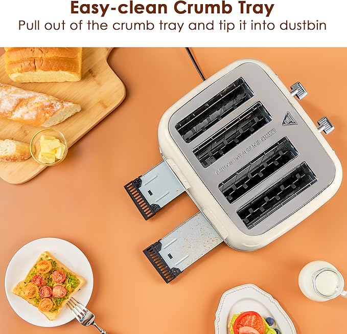 Toaster 4 Slice Retro Stainless Steel with Extra Wide Slots Bagel, Defrost, Reheat Function, Dual Independent Control Panel, Removable Crumb Tray, 6 Browning Levels, Cream White