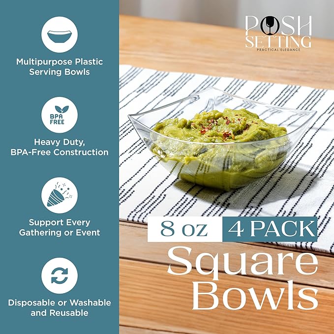 Posh Setting - Clear Plastic Serving Bowls for Party (8oz - 4 Pack) Square, Disposable, Salad & Fruit Bowls for Party Table, Candy Containers for Candy Buffet