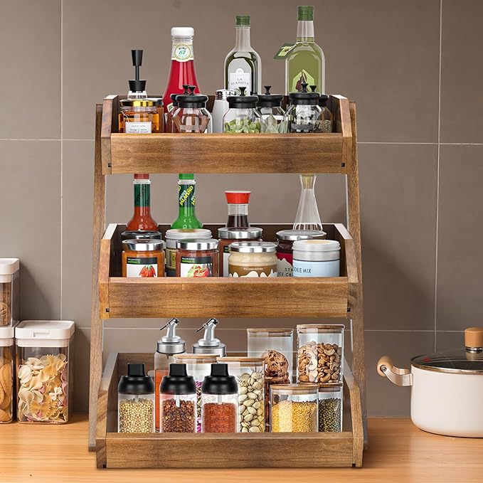 G.a HOMEFAVOR Fruit Basket: 3-Tier Acacia Wood Fruit Bowl for Kitchen, Fruit Stand Storage Holder for Vegetables and Snack Home Kitchen Countertop Organizer (Self-assembly)