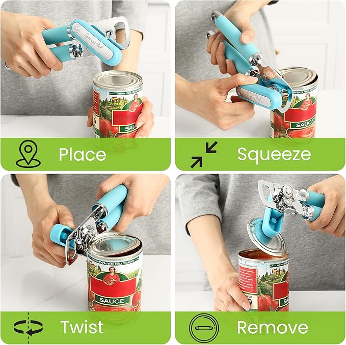 Spring Chef Stainless Steel Can Opener - Manual with Soft Grip Handles, Easy Turn, Heavy Duty Hand Can Openers for Seniors with Smooth Edge - Magnetic Lid Remover - Aqua Sky