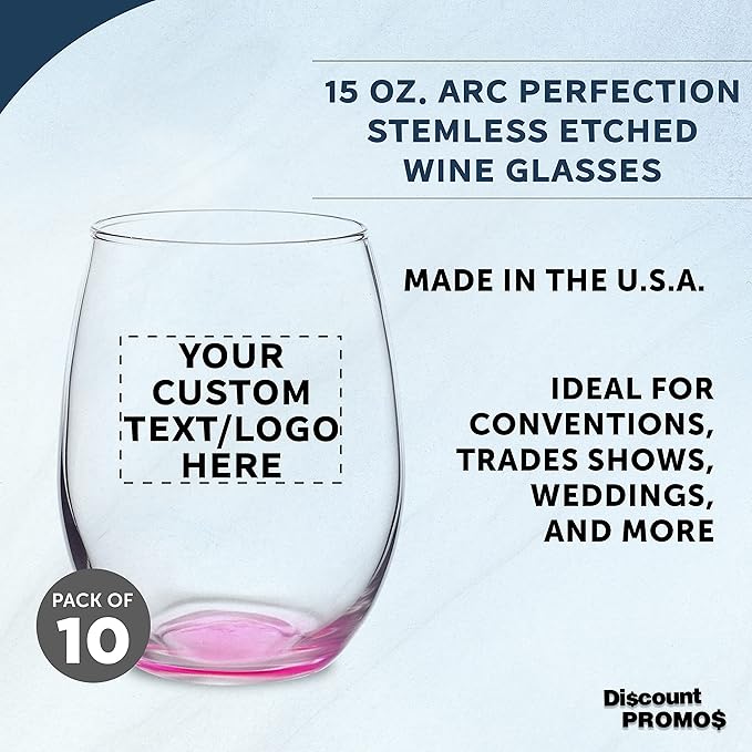 Custom Stemless Wine Glasses in Bulk by ARC Perfection, 15 oz, 10 pack, Personalized Text, Logo, Red or White Wine Glass Set, Pink