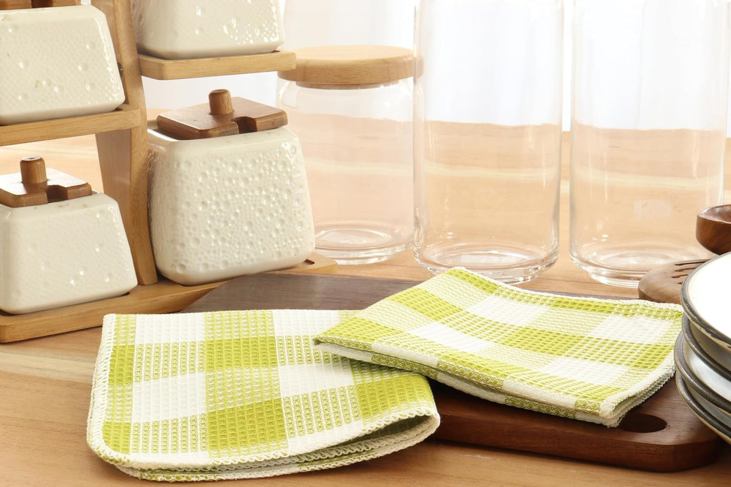 Waffle Weave Plaid Dish Cloths, 100% Cotton - 12 x 12 Inches, Ultra Soft Absorbent Quick Drying Dish Towels Buffalo Check Dish Rags for Kitchen, 6 Pack - Spring Summer - Light Green and White