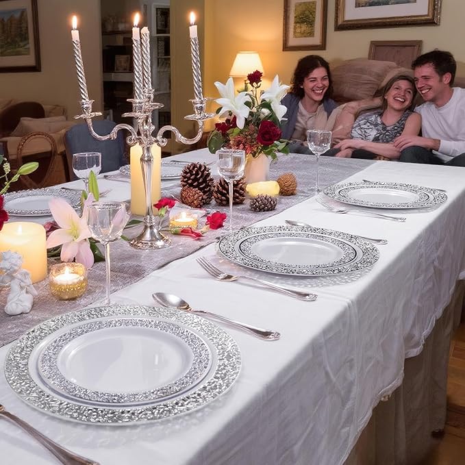 I00000 200 Pieces Silver Plastic Plates, Disposable Plastic Plates for 100 Guests Include: 100 Pcs Dinner Plate 10.25” and 100 Pcs Dessert Plate 7.5” with Silver Lace Rim Perfect for Wedding & Party