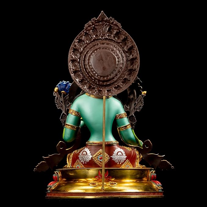 Green Tara Buddha Statue for Zen Decor Indoor, Tibetan Buddhism Handmade Copper Sculpture, Hand-Painted Colored Buddhist Budda, 10.62"