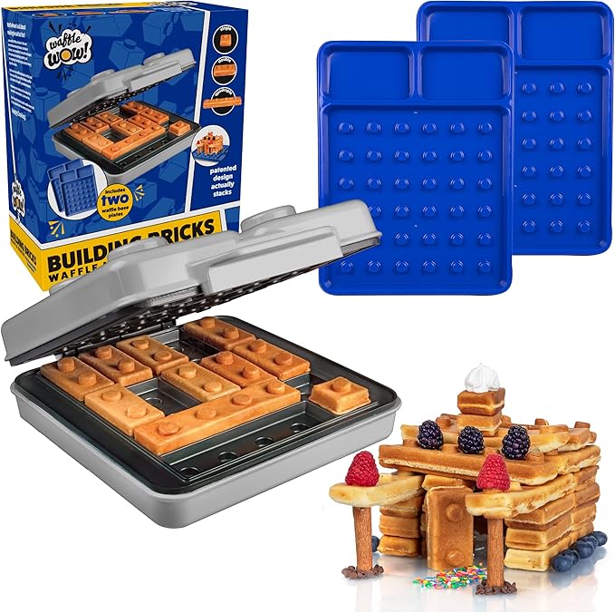 Waffle Wow! Building Brick Electric Waffle Maker - GREY with 2 Construction Eating Plates - Cook Fun Buildable Waffles in Minutes- Revolutionize Breakfast - Stack & Build on Serving Dishes Great Gift