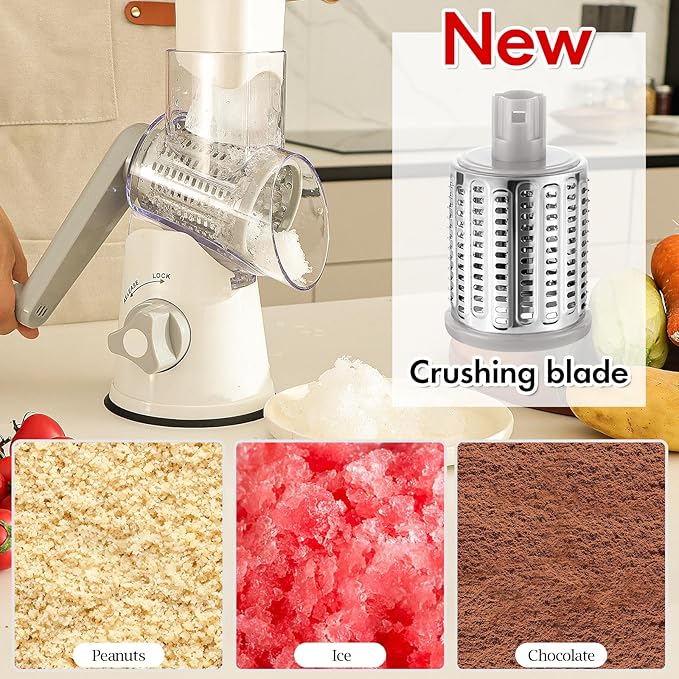 Ourokhome Rotary Cheese Grater Hand Crank, Kitchen Shredder Speed Mandolin Slicer Ice Shaver with Handle and Drum Blades for Cheese, Vegetable, Nuts, Chocolate, Potato, Carrot, 5 Blades, White