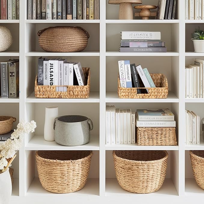 StorageWorks Pantry Baskets for Organizing, Water Hyacinth Baskets for shelves with Built-in Handles, Pantry Organizers and Storage, Set of 2 (Large and Medium)