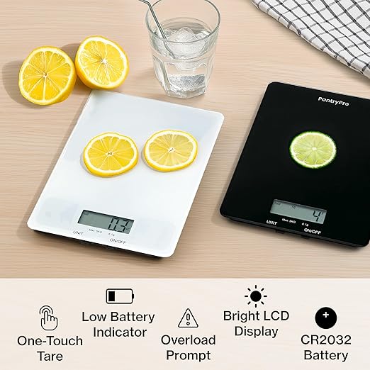 PantryPro Glass Platform Digital Kitchen Scale - 11lbs / 5kg Capacity - LCD Display g kg oz lb fl.oz ml - CR2032 Battery Included - Black