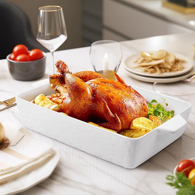 4 QT Baking Dish, Casserole Dishes for Oven, 9x13 Baking Pan with Handles, Lasagna Pan Deep, Ceramic Casserole Dish Oven Safe for Baking, Lasagna, Kitchen, Wedding Gift (White)