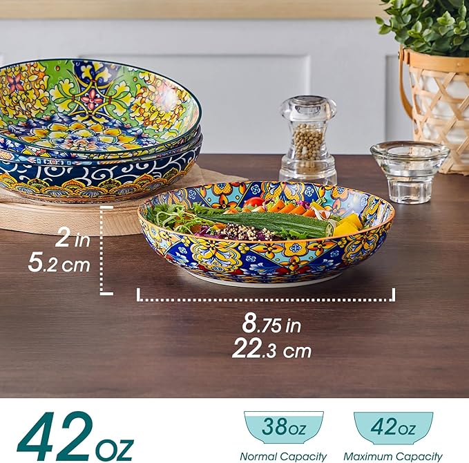 vancasso Pasta Bowls, 42 oz Ceramic Salad Bowls of 4,Large Corlorful Serving Bowls for Kitchen, Dishwasher & Microwave Safe Soup Bowls, Pasta Plates