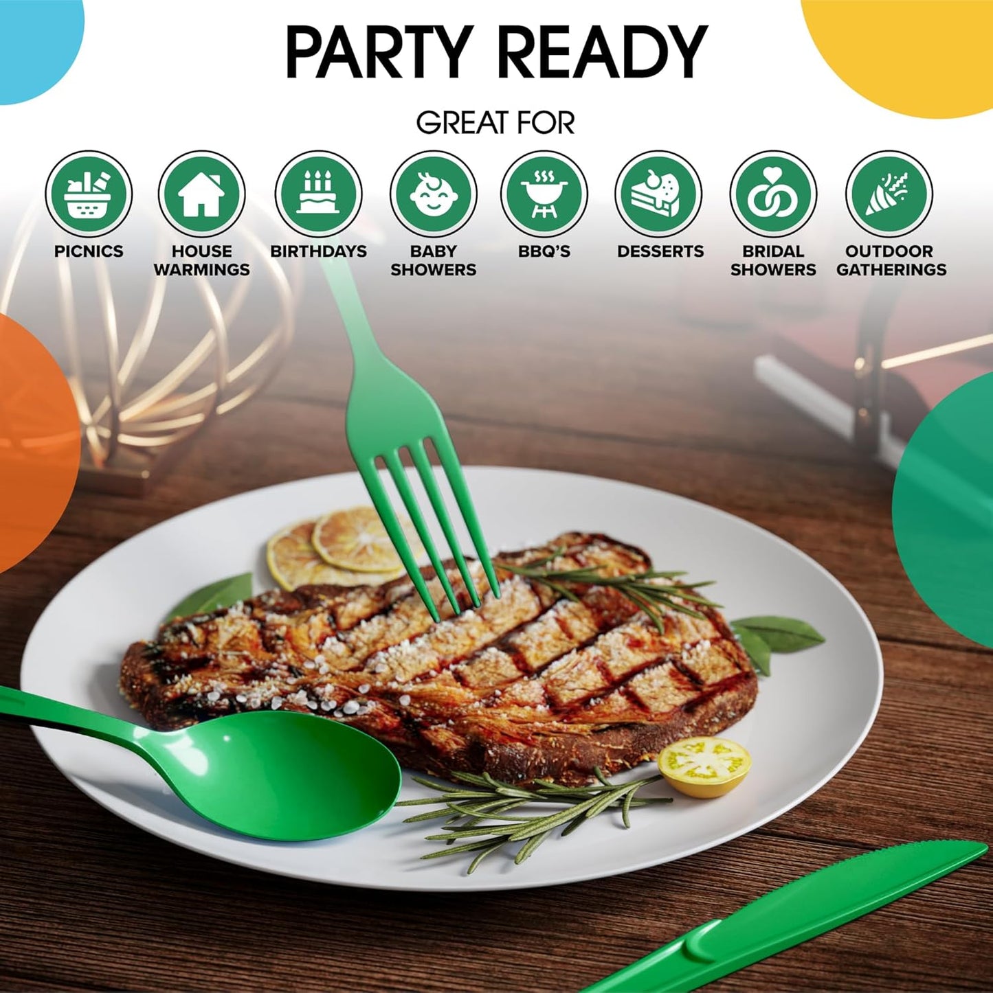 Party Solids Disposable Emerald Green Plastic Spoons 200 Pcs - Heavy Duty Modern Plastic Disposable Cutlery