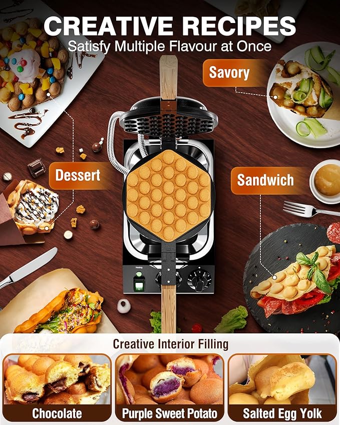 PYY Bubble Waffle Maker – 180° Rotating, Non-Stick Coating, Wooden Handle & Crumb Tray, Hong Kong Round Cones, 1500W Commercial Egg Puff Waffle Iron, 122-482℉ Electric Stainless Steel