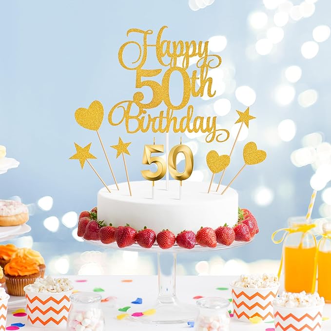 50th Birthday Cake Decorations, 50th Birthday Candles Cake Numeral Candles and Glitter Happy 50th Birthday Cake Toppers Set for Birthday Party Supplies (Gold)