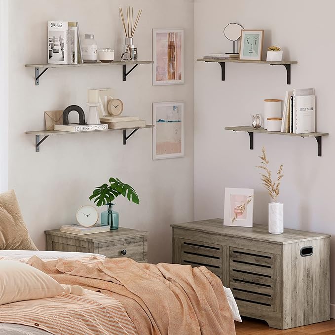 DINZI LVJ Long Wall Shelves, 31.5 Inch Wall Mounted Shelves Set of 2, Easy-to-Install, Wall Storage Ledges with Sturdy Metal Brackets for Living Room, Bathroom, Bedroom, Kitchen, Gray Wash