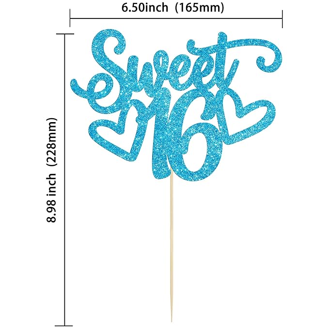 Gyufise 1Pc Sweet Teenager 16 Cake Topper Glitter 16th Birthday Cake Pick for Cheers to 16 Years Old 16th Birthday Party Cake Decorations Supplies Light Blue