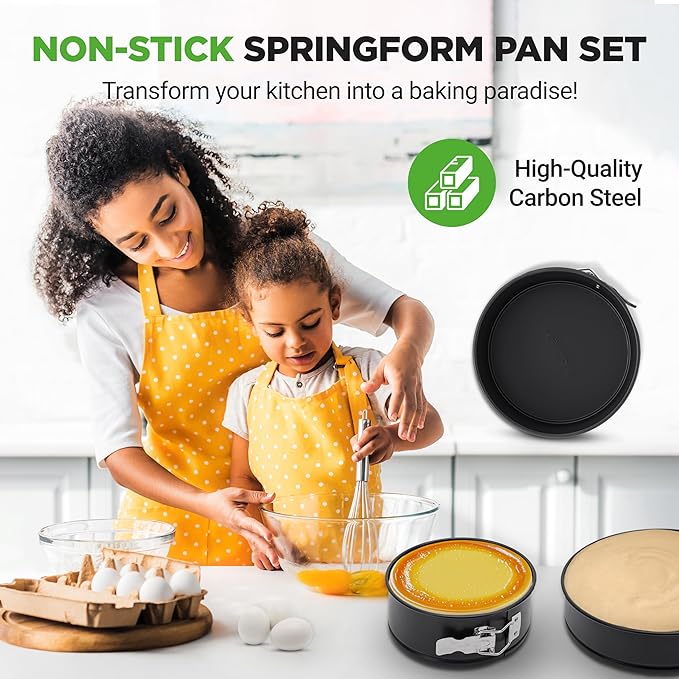 NutriChef 3 Piece Nonstick Springform Pan Set | 3 Tiered Sizes 6, 8 & 10 Inch Pans | Carbon Steel Cheesecake Pans | Stainless Steel Clasps | Oven Safe to 450 F | Includes 300 Parchment Papers | Black