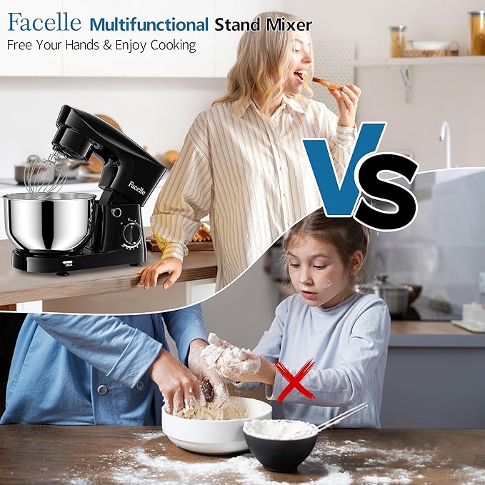 Facelle Stand Mixer, 10-Speed 6QT Kitchen Electric Mixer, Tilt-Head Food mixer with Beater, Dough Hook, Wire Whip and Egg Separator, scraper for Most Home Cooks - Black