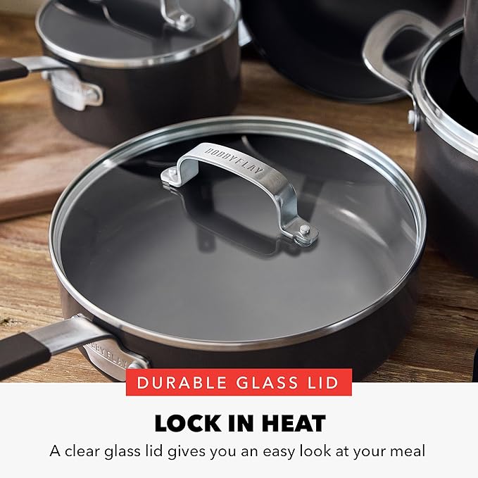 GreenPan x Bobby Flay 13 Piece Cookware Pots and Pans Set and 8" Chef's Knife. PFAS & PFOA-Free Ceramic Nonstick, Induction Suitable, Stay-Cool Silicone Handle, Dishwasher & Oven Safe, Black