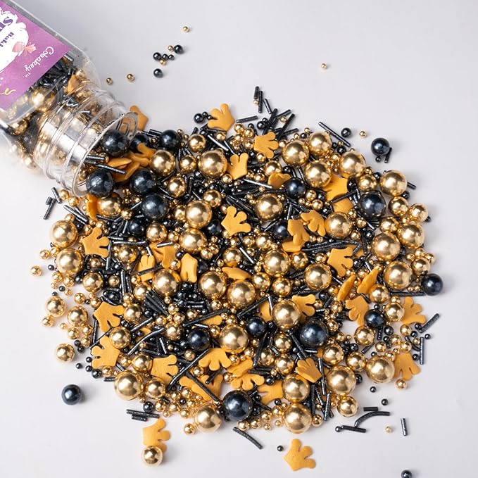 Royal Crown Black and Gold Sprinkles for Cake Decorating 4.23ounce - Sugar Mix Contains Jimmies & Pearl Sprinkles for Cupcake Toppers, Ice Cream, Candy, Cookie Decorations - Holiday Party Supplies