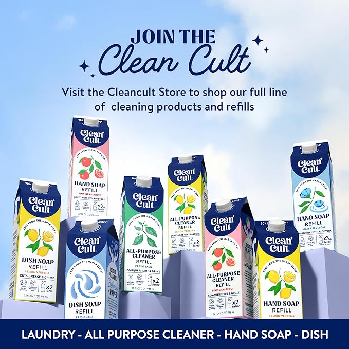 Cleancult Dish Soap Liquid Refill (32oz, 1 Pack) - Plant Based Cleaning Power - Dish Soap that Cuts Grease & Grime - Free of Harsh Chemicals - Uses 90% Less Plastic - Lemon Verbena