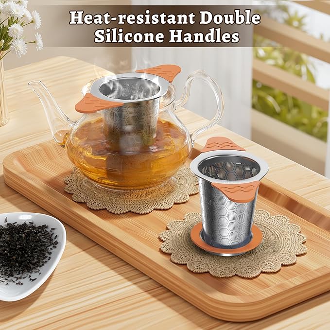 Tea Infuser for Loose Leaf Tea,18/8 Stainless Steel Tea Infuser with Heat Proof Silicone Handles,Extra Fine Mesh Tea Strainers Filter Fine Tea Leaves Effectively,Fits TeaPots/Mugs-Orange