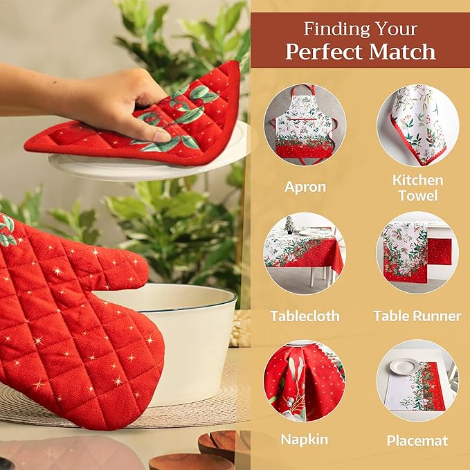 Maison d' Hermine Pot Holders Set 100% Cotton Heat Resistant Potholders 8" x 8" Hot Pads with Loop BBQ, Cooking, Baking, Grilling, Kitchen, Handling Hot Pans (Pack of 2, Noel)