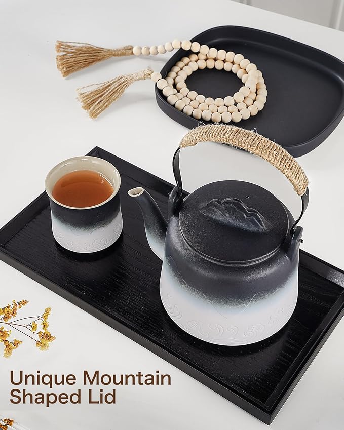 ZENS Vintage Japanese Tea Set, 33.8 oz Gradient Embossed Ceramic Japanese Teapot with Built-in Strainer for Tea Steeper, Hemp Rope Handle Loose Leaf Tea Pot with 4 Cups for Tea Party, Black & White