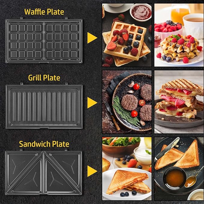 OSTBA 3-in-1 Sandwich Maker with Removable Plates, Panini Press, Waffle Maker, Toaster, Non-Stick, 750W Compact Breakfast Grill for Sandwiches, Waffles, Steak, Black
