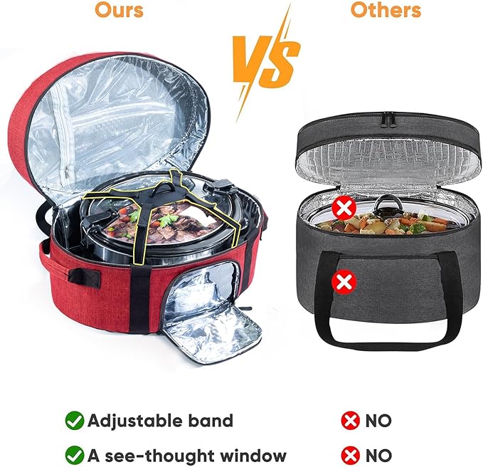 Insulated Slow Cooker Carrying Bag for 6-8 Quart CrockPot and Hamilton Beach Slow Cooker with See-thought Window, Portable Carrier Case with Adjustable Band and Accessory Pocket
