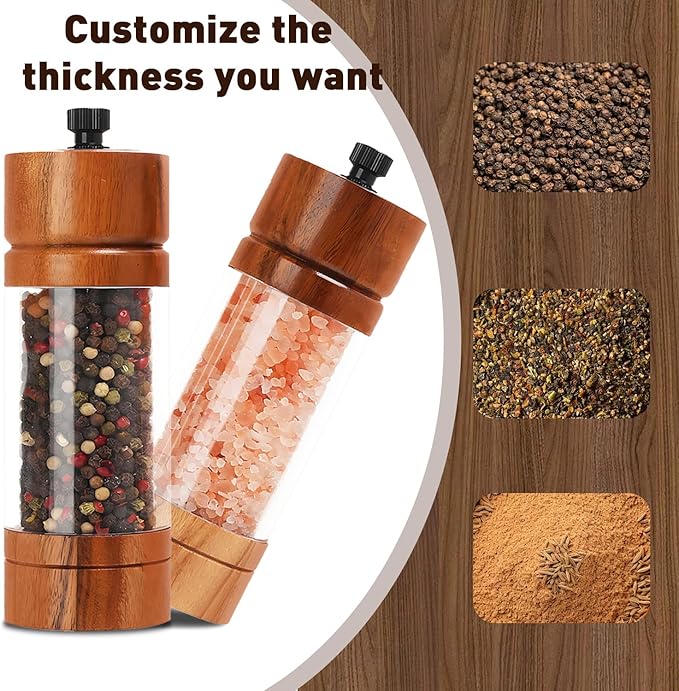 2 Pack 5.5 Inch Wood Salt and Pepper Grinder Set, Premium Acrylic Salt and Pepper Grinder Set with a Adjustable Ceramic Rotor - Made of High-Grade Acacia Wood Material