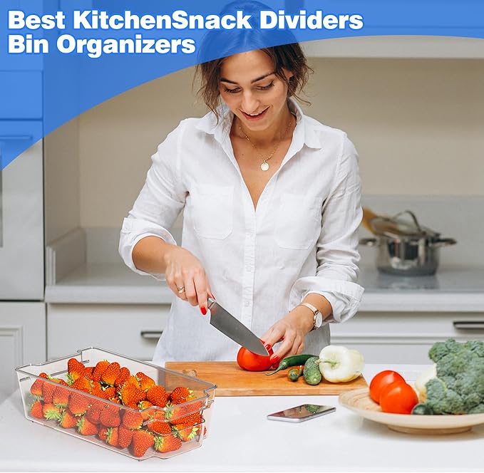 4 Pack Clear Refrigerator Storage Bins, Stackable Plastic Fridge Organizer Kitchen Pantry Storage Bins with Handles for Snacks, Freezer, Kitchen Cupboard, and Cabinet Organization