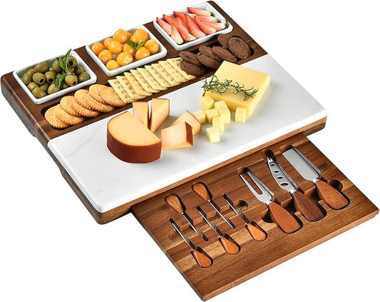 Shanik Wood - Marble Cheese Board Set with 3 Ceramic Bowls - Stainless Steel Cutlery Set, Charcuterie Board Set & Gift for Any Occasion (Without Engraving)
