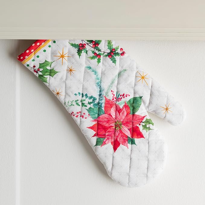 Maison d' Hermine 100% Cotton Oven Mitt & Pot Holder Set (7.5"x13" & 8"x8") Heat Resistant BBQ Cooking Gloves with Loop, Baking, Grilling, Kitchen, Handling Hot Pans (Poinsettia Christmas)