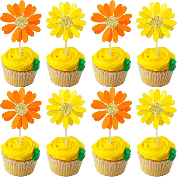 Ephlyn 24Pcs Orange Daisy Cupcake Toppers Flower Cake Toppers Daisy Cake Decorations Chrysanthemum Cupcake Toppers Spring Daisy Flower Cake Picks for Birthday Wedding Supplies