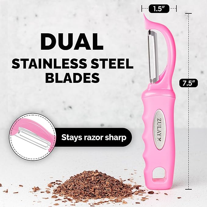 Zulay Kitchen Premium Vegetable Peeler for Kitchen - Swivel Peeler with Razor Sharp Stainless Steel Blades & Strong Ergonomic Handle - Dishwasher Safe, Easy To Use with Blemish Remover - Pink