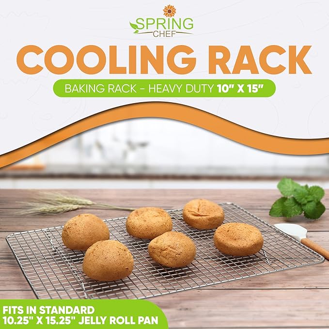 Spring Chef 10" x 15" Stainless Steel Cooling Racks for Baking - Oven Safe - Cookie Racks for Cooling Cookies - Fits Jelly Roll Pan - Perfect for Grilling, Roasting, Cooking, Drying - Set of 2