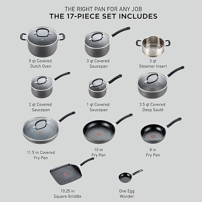 T-Fal Ultimate Hard Anodized Nonstick Cookware Set 17 Piece, Nonstick Pots and Pans Set with Fry Pan, Saucepans, Saute-Pan, Griddle, Dishwasher Safe, Black