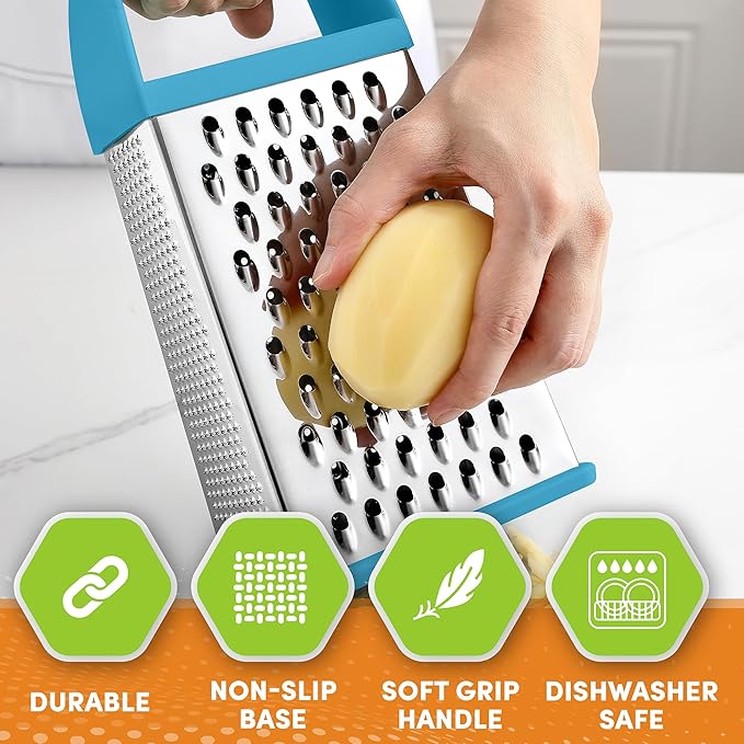 Spring Chef Professional 10" Stainless Steel Parmesan Cheese Grater with Handle, 4 Sided Handheld Box Grater, Kitchen Food Shredder for Potato, Cheese, Ginger, Veggie - Aqua Sky