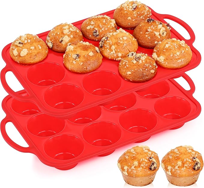 2 Pcs Silicone Muffin Pan for Baking with Metal Frame, Nonstick 12 Cup Regular Size Cupcake Pan, Silicone Muffin Tray for Egg Bites (Red)