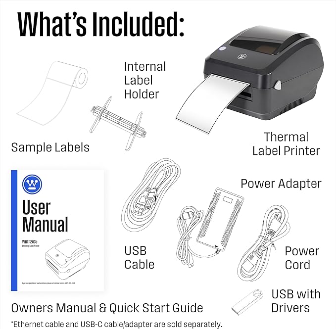 Westinghouse Thermal Shipping Label Printer USB, 4x6 Label Commercial Grade, Compatible with USPS, UPS, FedEx, eBay, Shopify, Amazon, & More, Desktop Label Printer for Packages, Includes Sample Labels