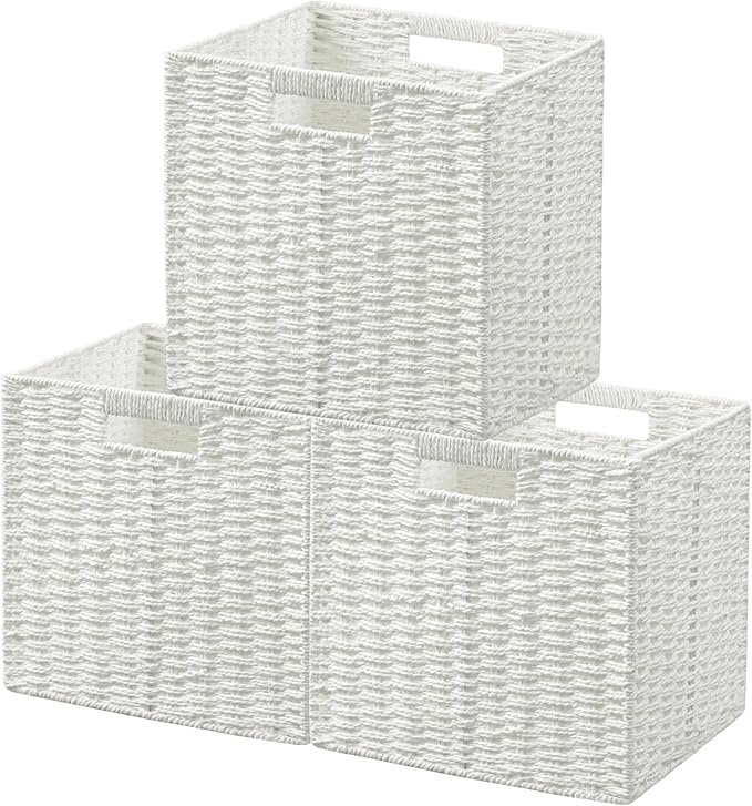 UBBCARE 3 Pack Wicker Basket, 11L×11H×10.5W inch Woven Paper Rope Storage Baskets for shelves, Foldable Cube Storage bin with Handle, Storage Basket for Organizing & Decor, White