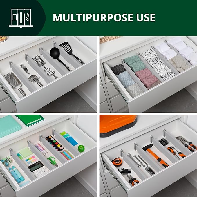 ROYAL CRAFT WOOD Adjustable Bamboo Drawer Dividers Organizers - Expandable Drawer Organization Separators For Kitchen, Dresser, Bedroom, Bathroom and Office, 4-Pack (Large (up to 22")) (Gray)