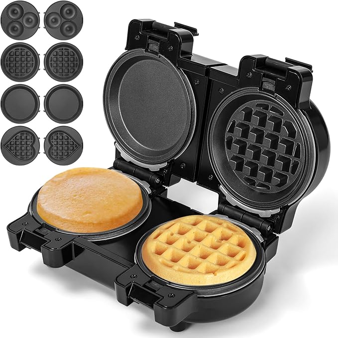 Mini Waffles Maker with 8 Removable Plates, 4 in 1 Double Small Waffle Maker Mini- Waffle, Heart Waffle, Pancake, Donut, 5" Non Stick Waffle Iron for Kid, Use One/Both Sides By the Button On the Back