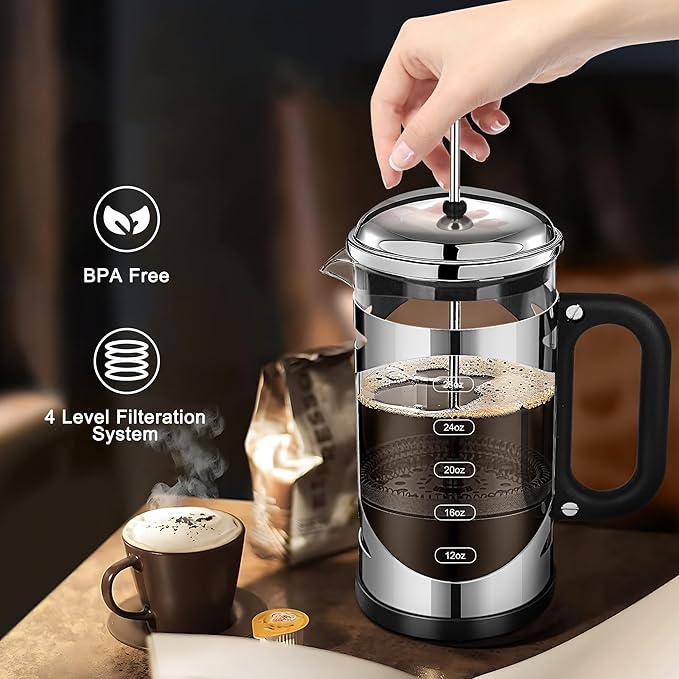 34 Ounce French Press Coffee Maker Chromium Stainless Steel Coffee Press, with 4-Level Filter System, Heat Resistant Thickness Borosilicate Glass, BPA-Free Brewed Coffee Pot for Camping Gifts