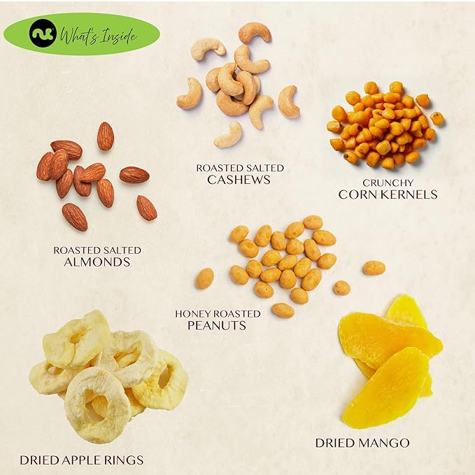 NUT CRAVINGS - Dried Fruit & Mixed Nuts Basket in Green Box (6 Assortments of 4 oz, 1.5 lb) Food Arrangement, Healthy Snack Care Package, Food Assortments
