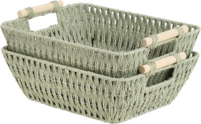 StorageWorks Large Wicker Storage Basket for Organizing with Wooden Handles, Toilet Paper Baskets for Bathroom, Bosana Green, 2-Pack